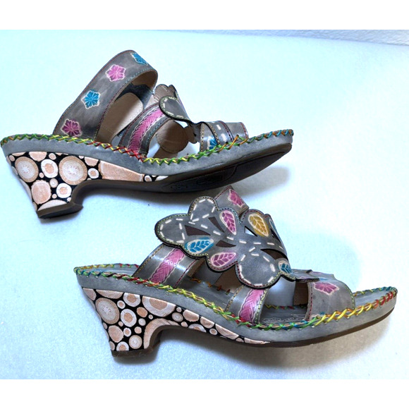 Socofy Wedge Sandals Detailed Cut-Out Leather Women's Sz 11 Retro Artsy - Picture 7 of 10